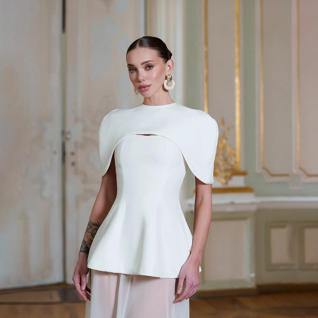 Two-Piece Cape Collar Peplum Bridal Gown