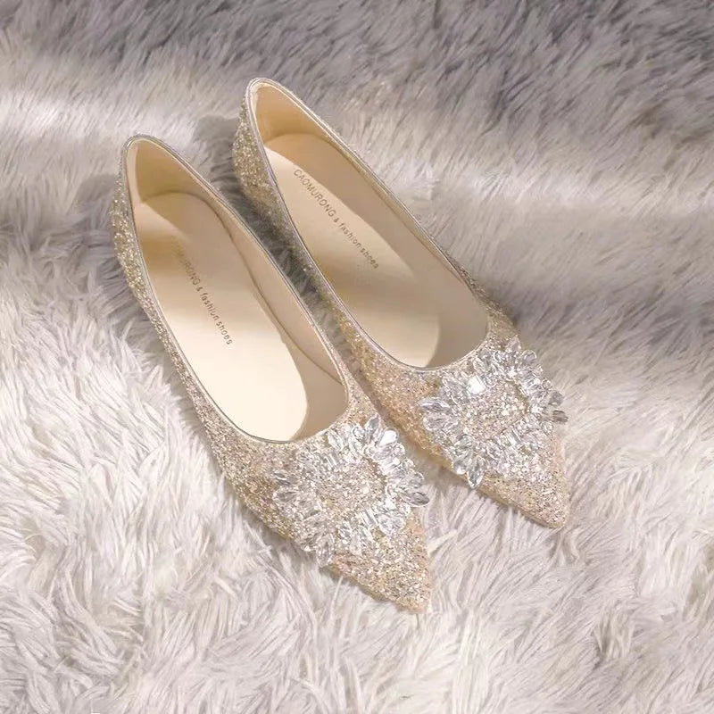 Comemore Champagne Color Flat Shoes Female Pointed Autumn Summer New Silver Low Heel Rhinestone Wedding Bridal Shoe Pumps