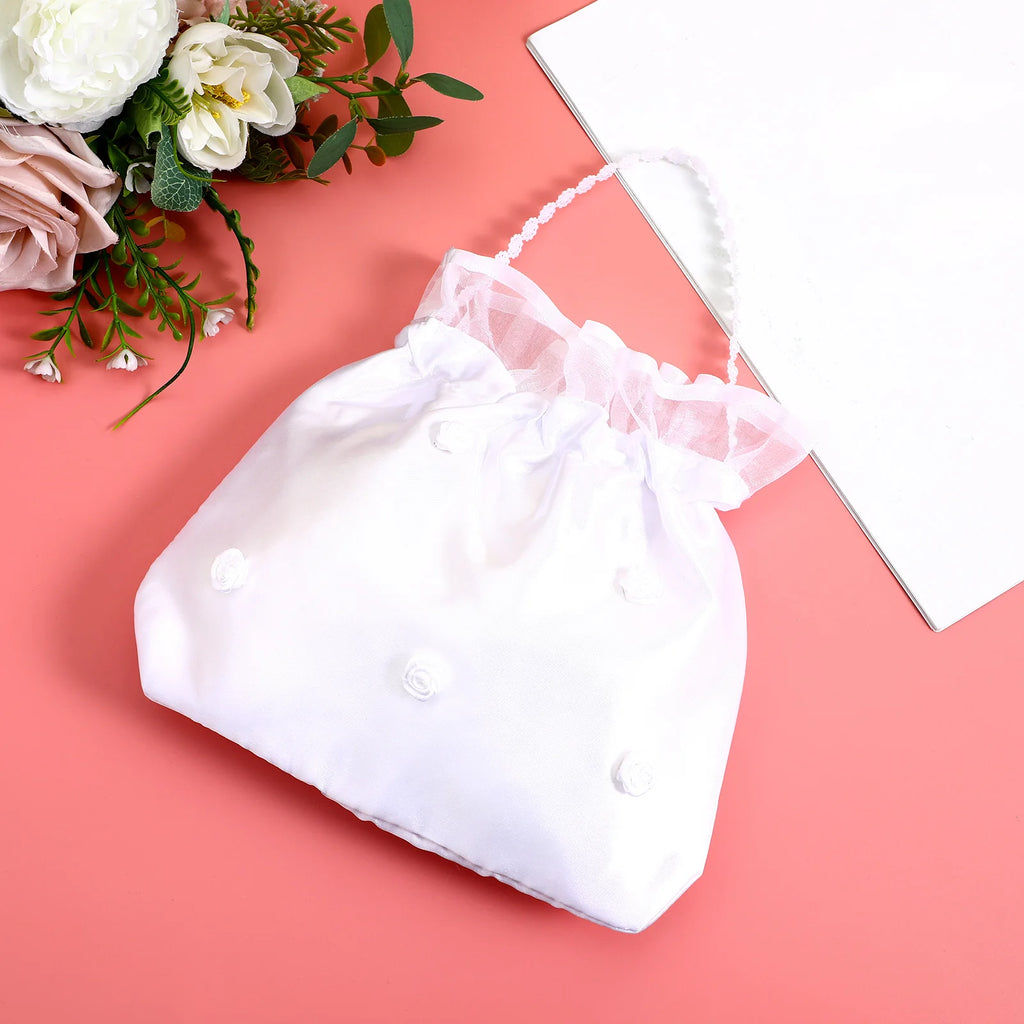 Drawstring Wedding Flower Bag White Satin Bridal Purse Dresses Bride First Communion Handbag Bridesmaid bag Party Handbag