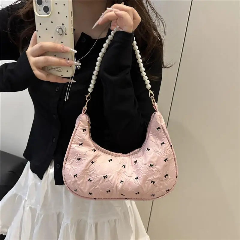 Trendy Wrinkled Bow Purse for Women Versatile Shoulder Bag Elegant Underarm Handbag for Daily Outings