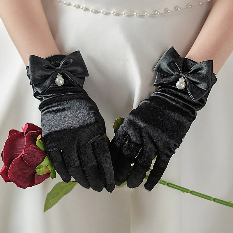 1 Pair Bride Gloves Elegant Bow Knot Pearl Pendant Short Gloves for Wedding Opera Dinner Party Elastic Satin Tea Party Gloves