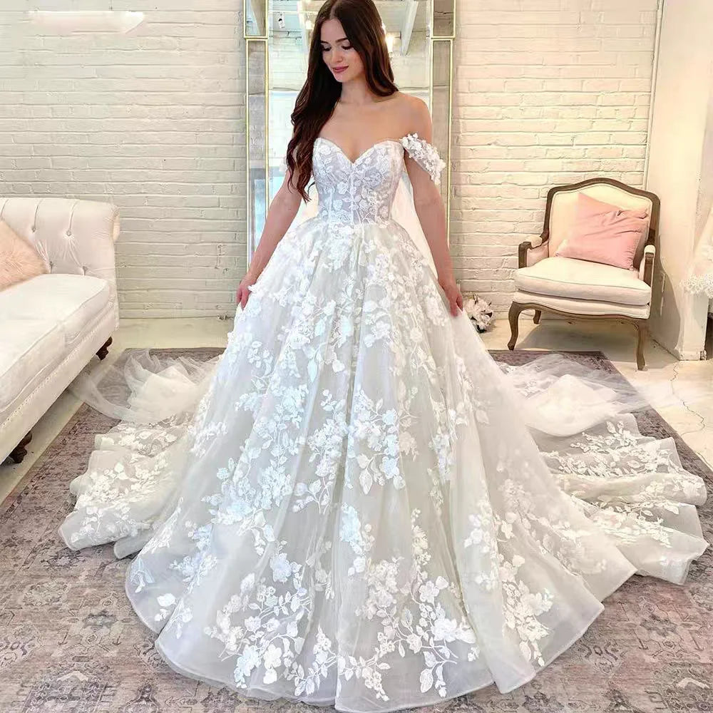 Sweetheart Off-Shoulder Appliqué Lace Ball Gown Wedding Dress