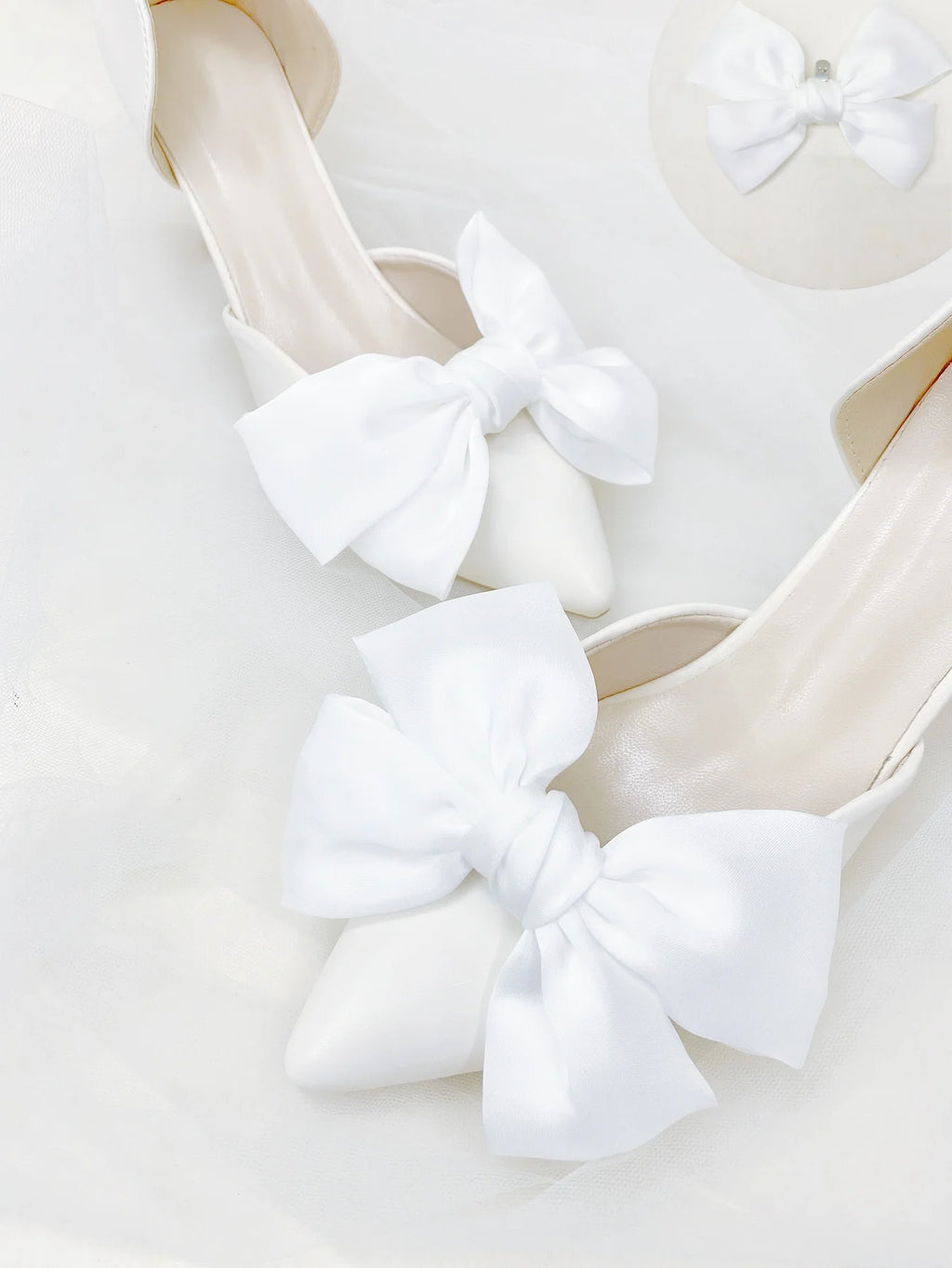 1 pair of new bride shoes white big bow women's shoe buckle DIY detachable daily all matching slimming satin shoes flower shoe c
