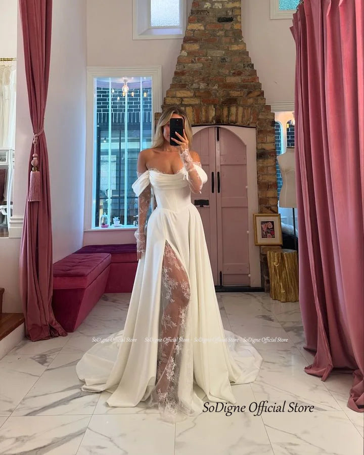SoDigne A-line Wedding Dresses Off Shoulder Long Sleeve Satin/Lace Bridal Dress Elegant Bride Gown Vestidos De Novia Customized
