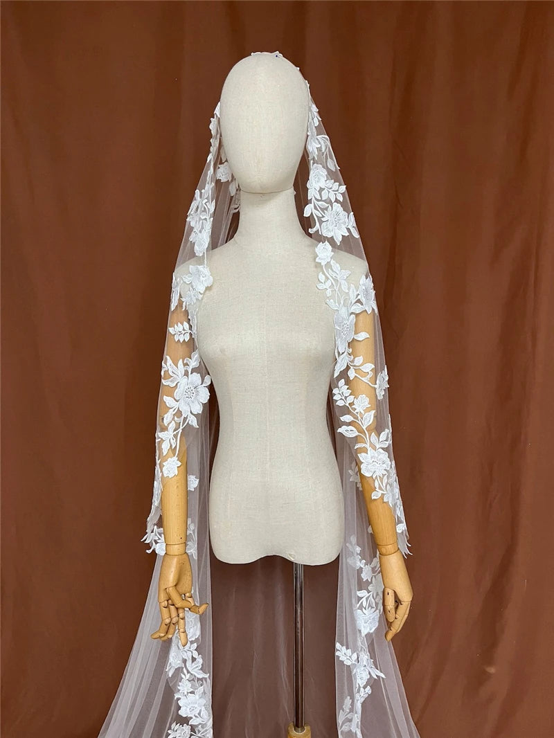 Full Lace Edge Mantilla Wedding Bridal Veils Cathedral Long Embroidered Ivory Tulle Floral Flowers Leaves Outdoor Church Brides