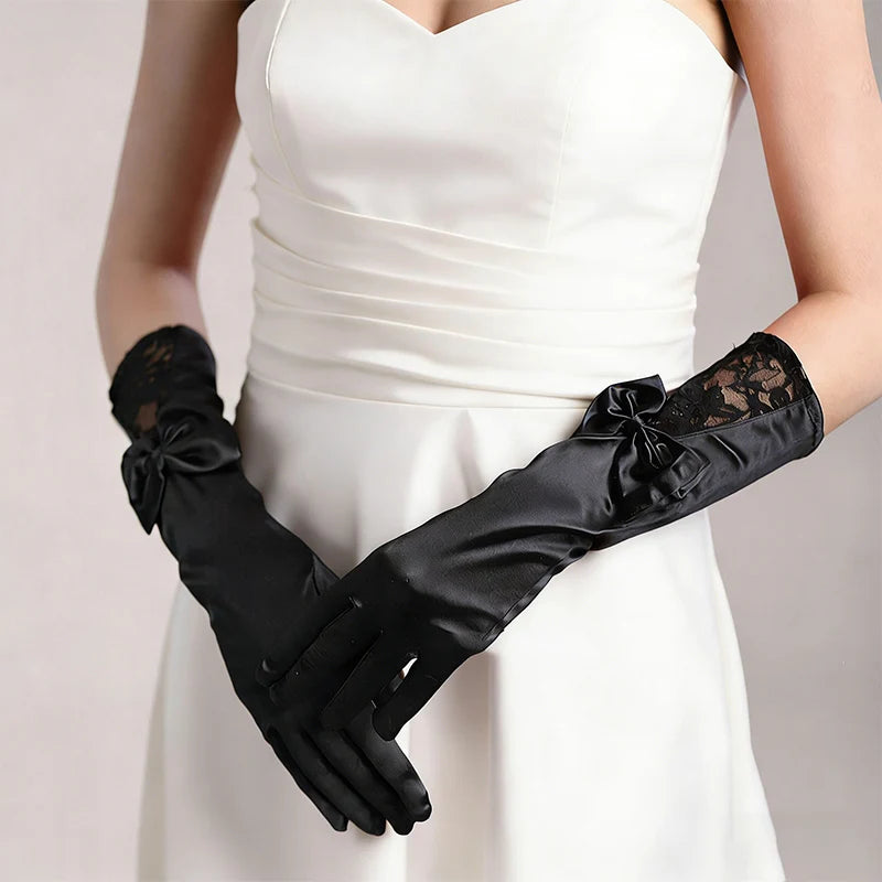 Bridal Satin Wedding Gloves with Medium Length Hollow Bow, Wedding Dress Etiquette and Photography Gloves