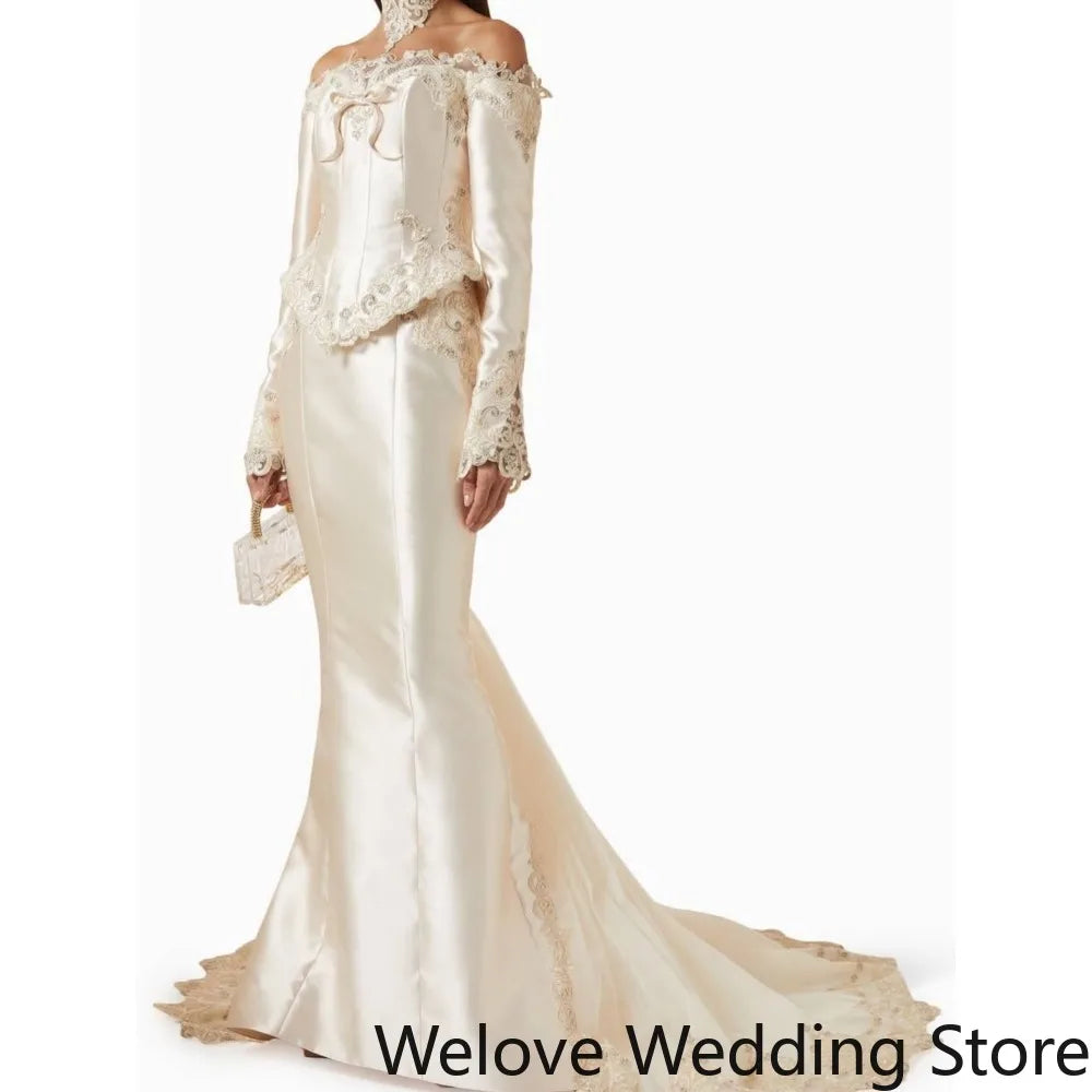 Ivory Victorian‑Style Bridal Wedding Gown with Off‑Shoulder Neckline, Long Sleeves, Structured Corset Bodice with Front Bow