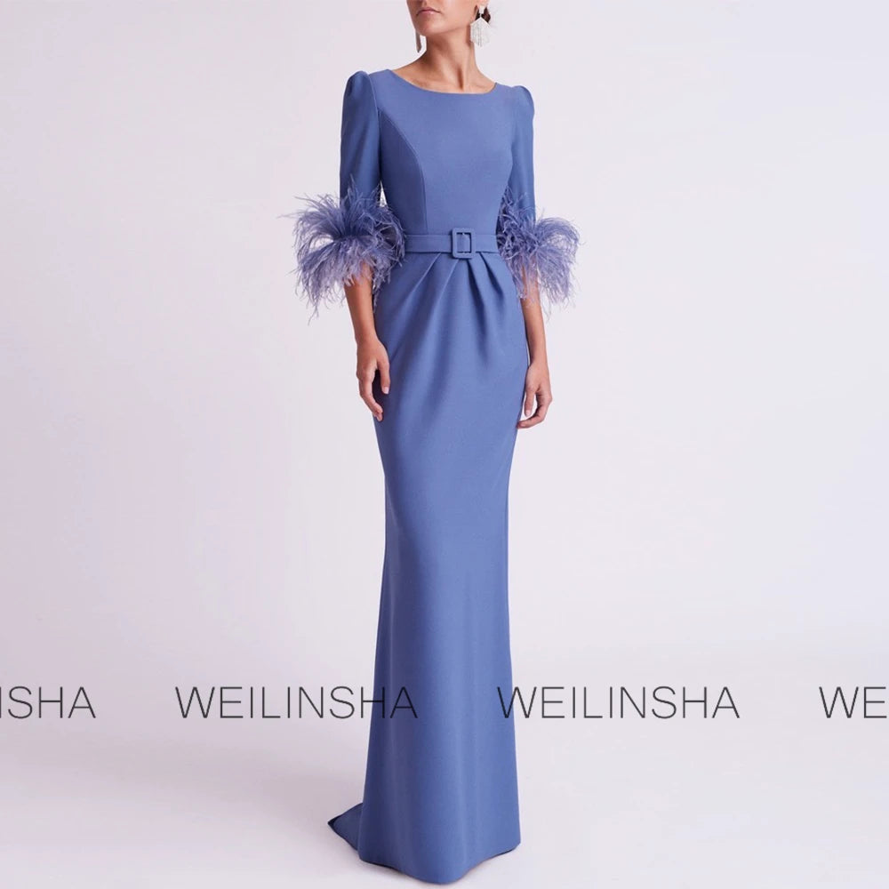 Customized Wedding Dresses Mother of the Bride Jersey Sheath/Column Evening Dress Blue O-Neck Pleat Belt Feather Prom Dress Long