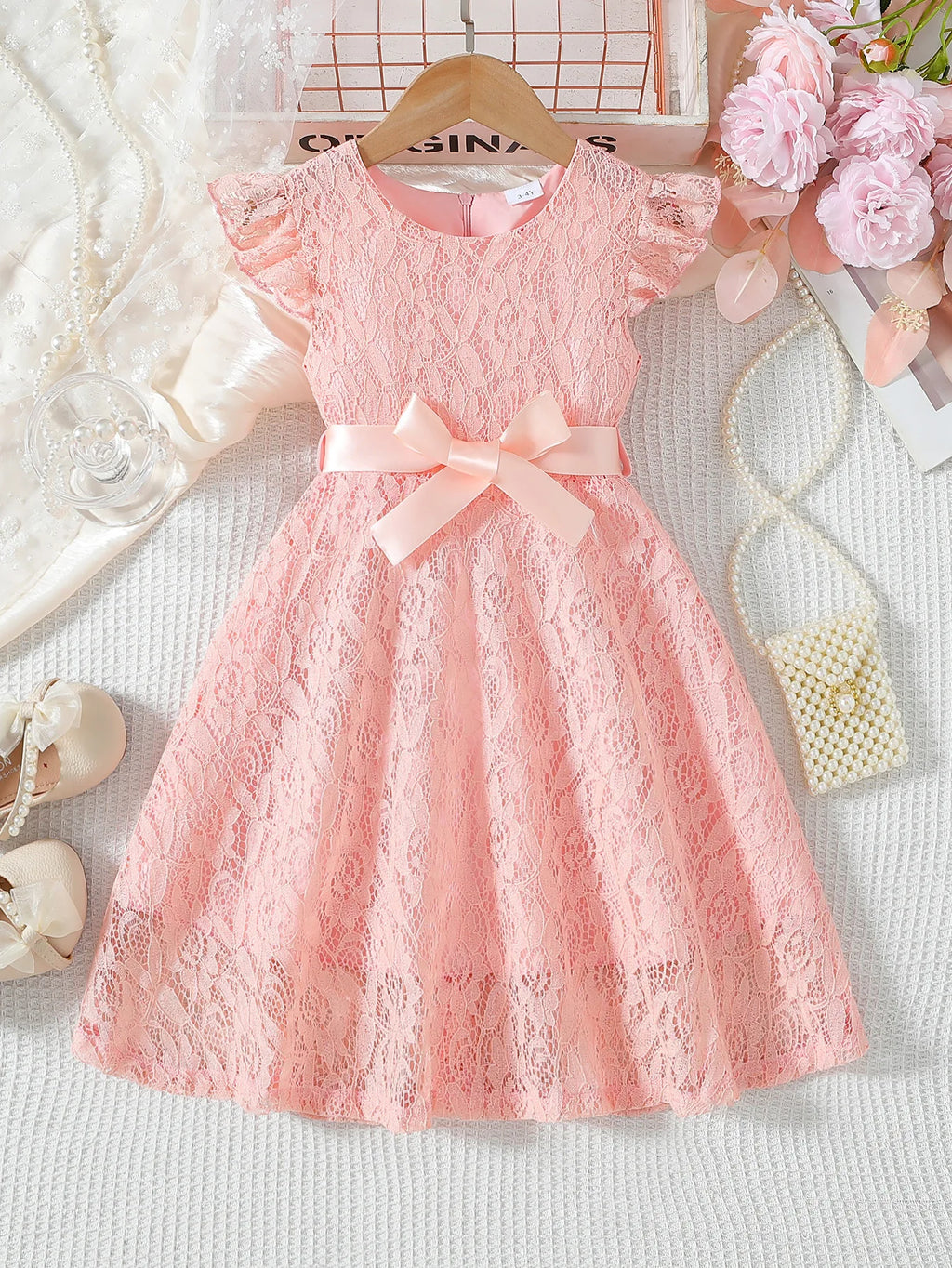 Lace Belted Girls' Formal Dress