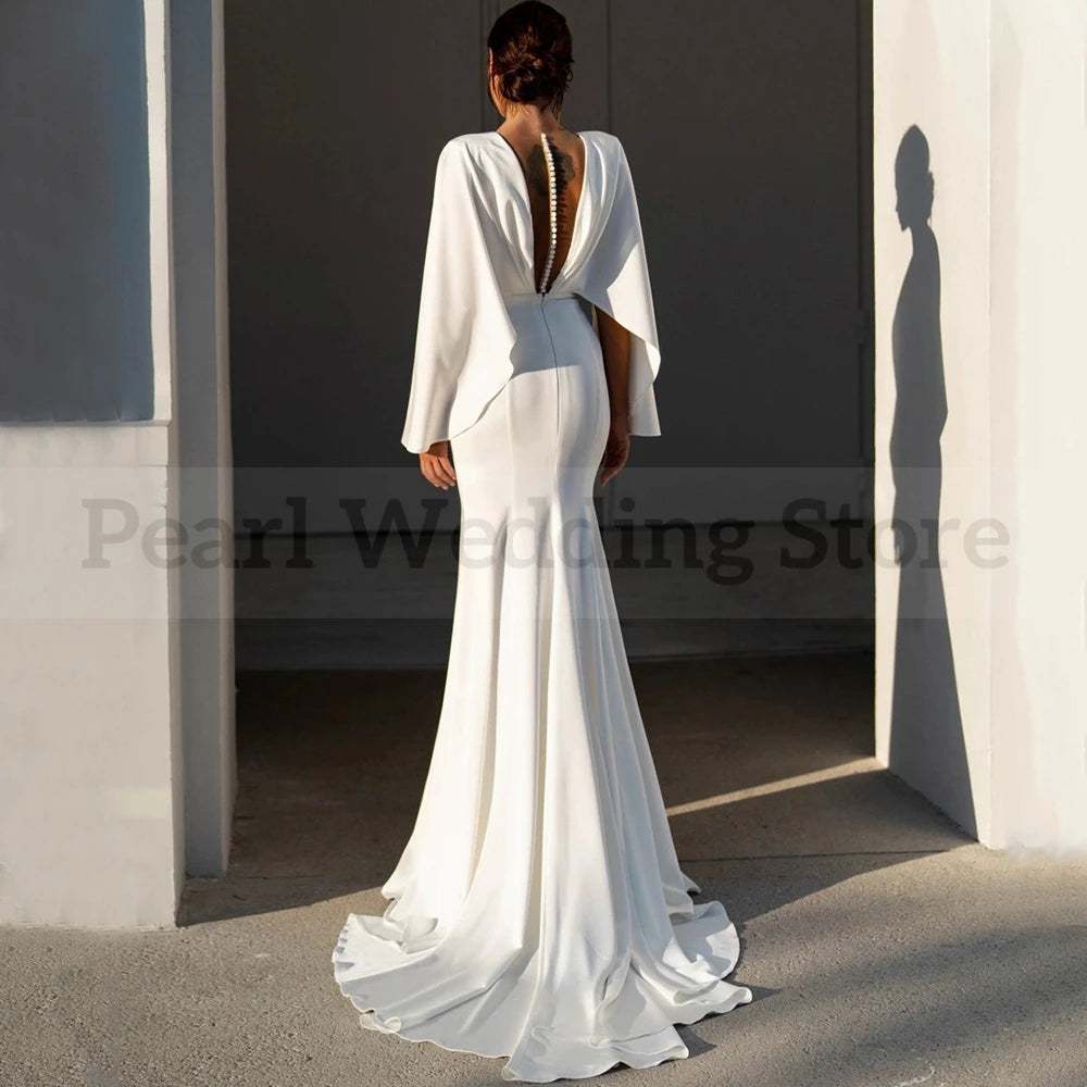 Elegant V-Neck Wedding Dress Illusion Tulle Back with Buttons Bride Batwing Sleeves Mermaid Floor Length Marriage Custom Gown