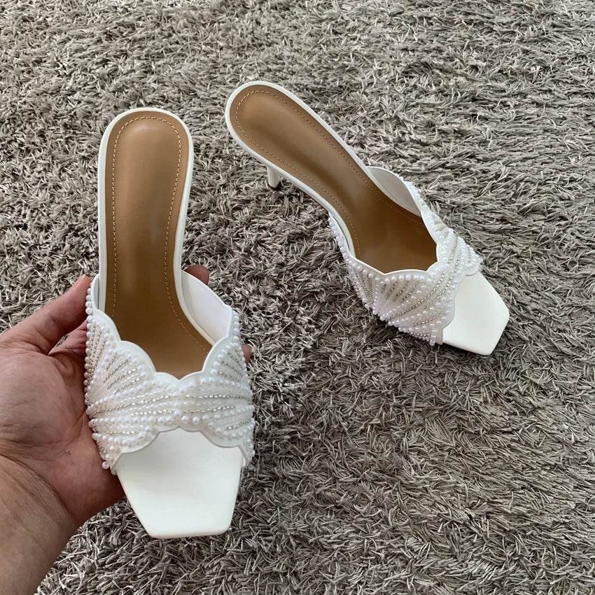 Elegant Summer High Heels Women Mules Sandals Open Toe Pearl Beaded Female Stilettos Slip on Party Wedding Dress Shoes Woman