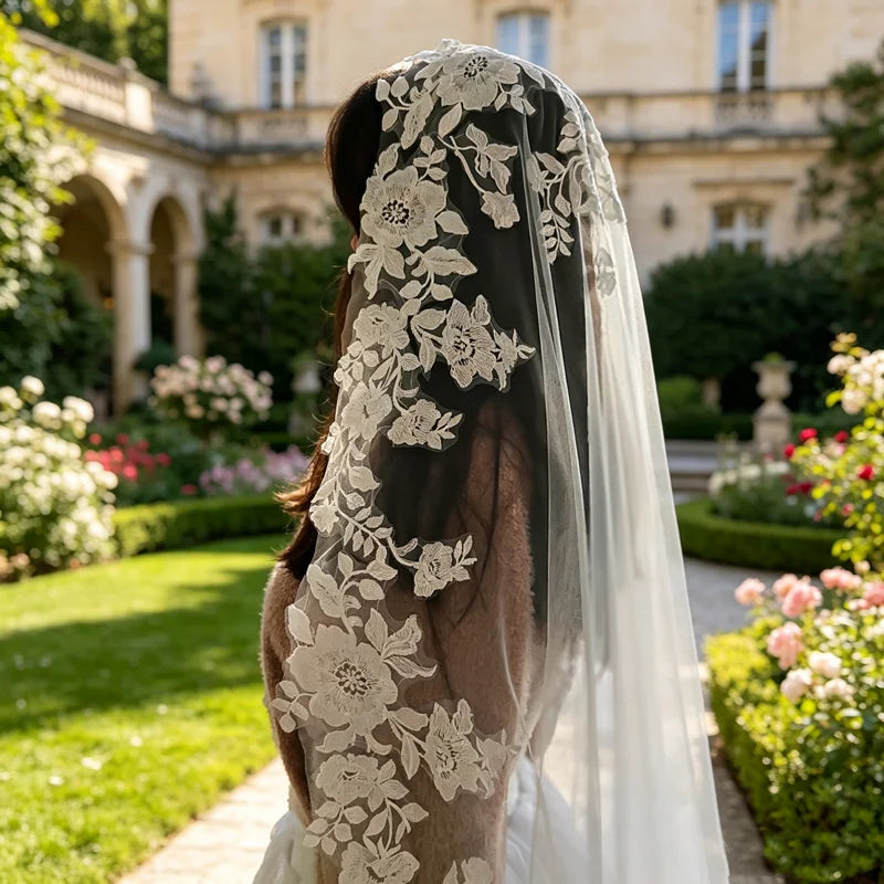 Full Lace Edge Mantilla Wedding Bridal Veils Cathedral Long Embroidered Ivory Tulle Floral Flowers Leaves Outdoor Church Brides