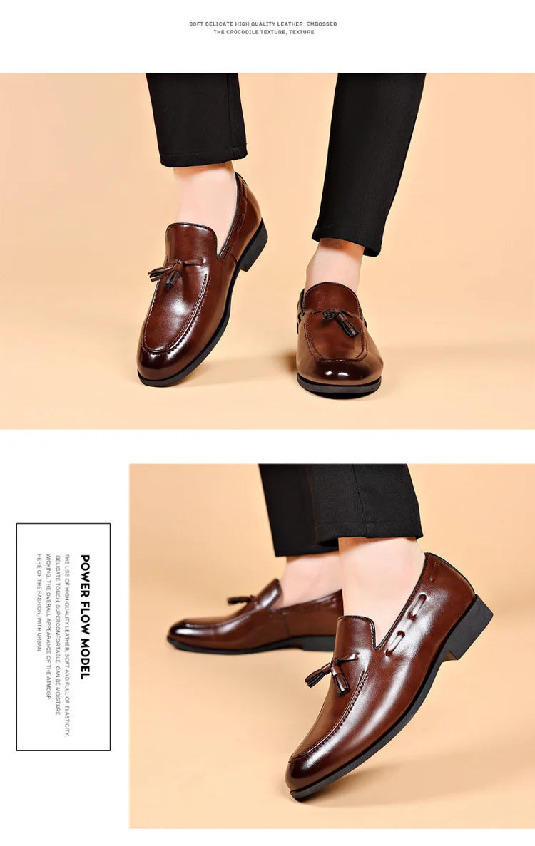2026 New Large Size Men's Leather Shoes Business Formal Casual Wedding Knot Shoes round Toe Flat Heel Rubber Outsole
