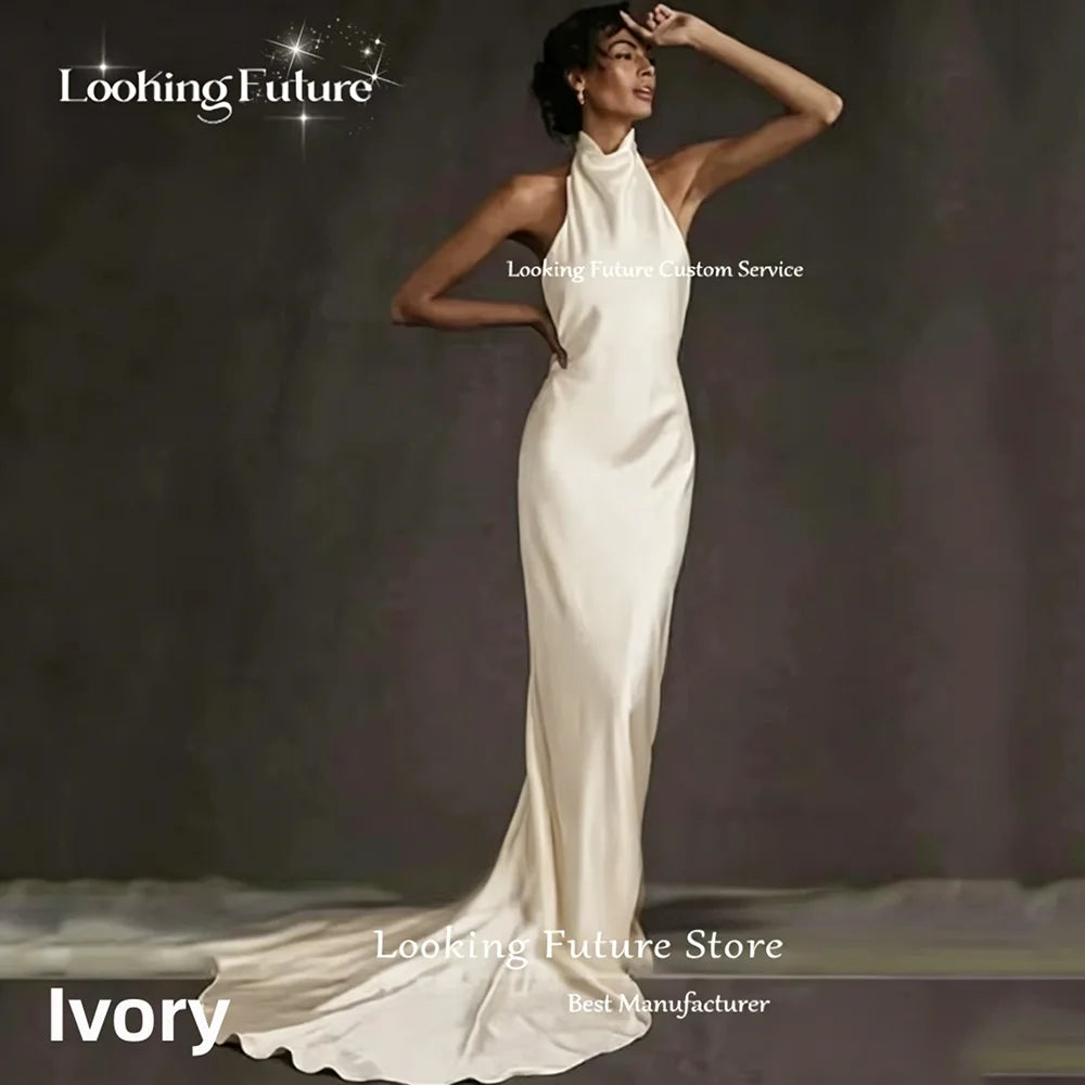 Halter Backless Ruched Satin Mermaid Wedding Dress