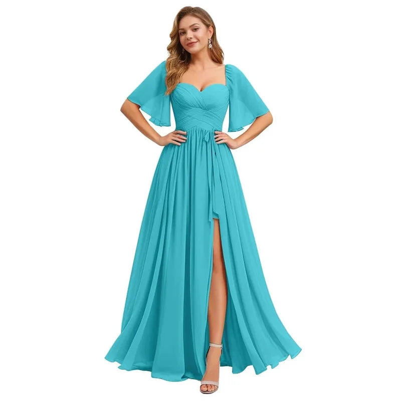 A Line Short Sleeve Chiffon Bridesmaid Dresses One Shouder Slit Pleat Elegant Wedding Party Formal Prom Evening Lace Up Back