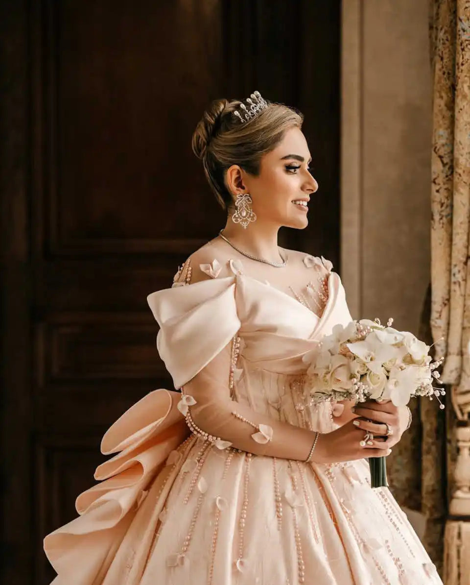 Gorgeous Pink Wedding Dresses Ball Gown Appliques Off The Shoulder Princess Bride Wedding Dress Customized Vestidos De Novia