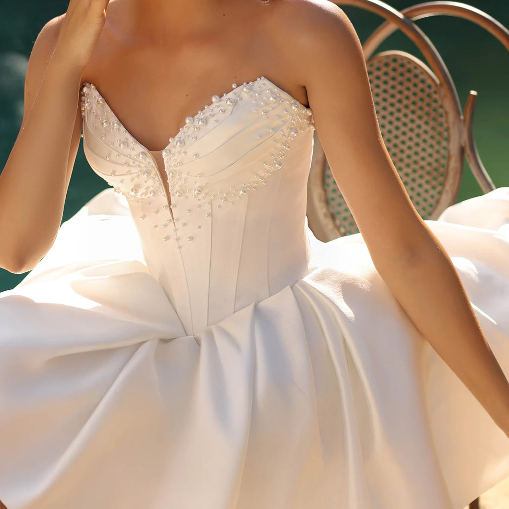 Beaded Strapless Puffy Mini Wedding Dress