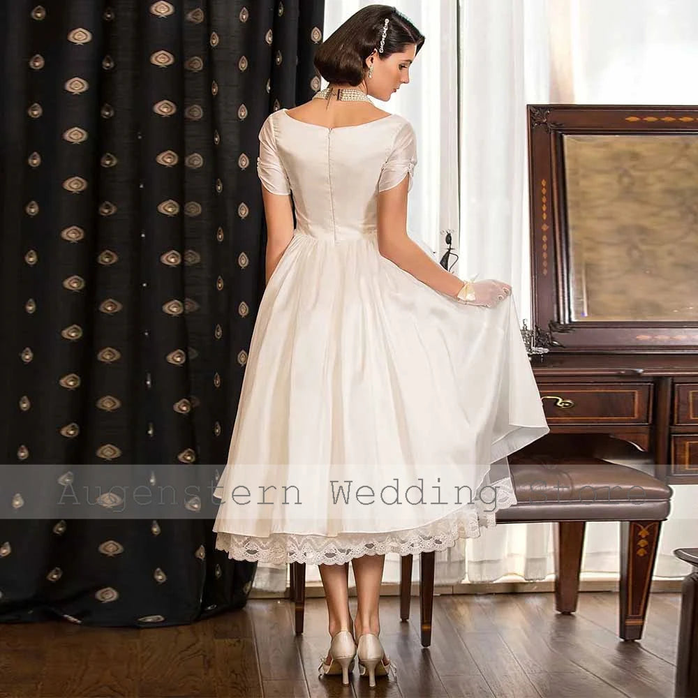 Customized Wedding Party Dresses Satin A-line Bridal Gown Ivory V-neck Pleat Ruched Lace Fairy Garden Wedding Dress Midi