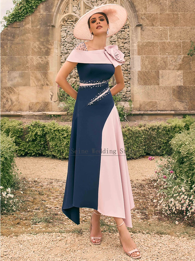 Customized Wedding Guest Dresses Asymmetrical Beading A Line Mother of the Bride Dress High Low 3D Flower Formal Party Gown Midi