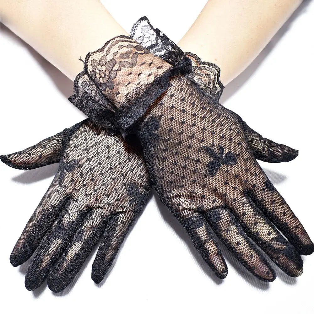 Sexy Dress Party Lace Glove Summer Sunscreen Mittens Women Mesh Bow Lace Gloves Paragraph Wedding Bride Gloves Full Finger Girls