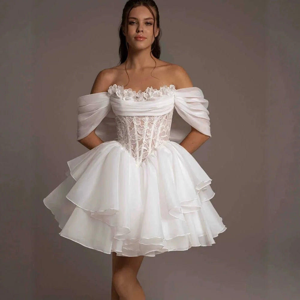 Short Off-Shoulder Tiered Lace Wedding Dress