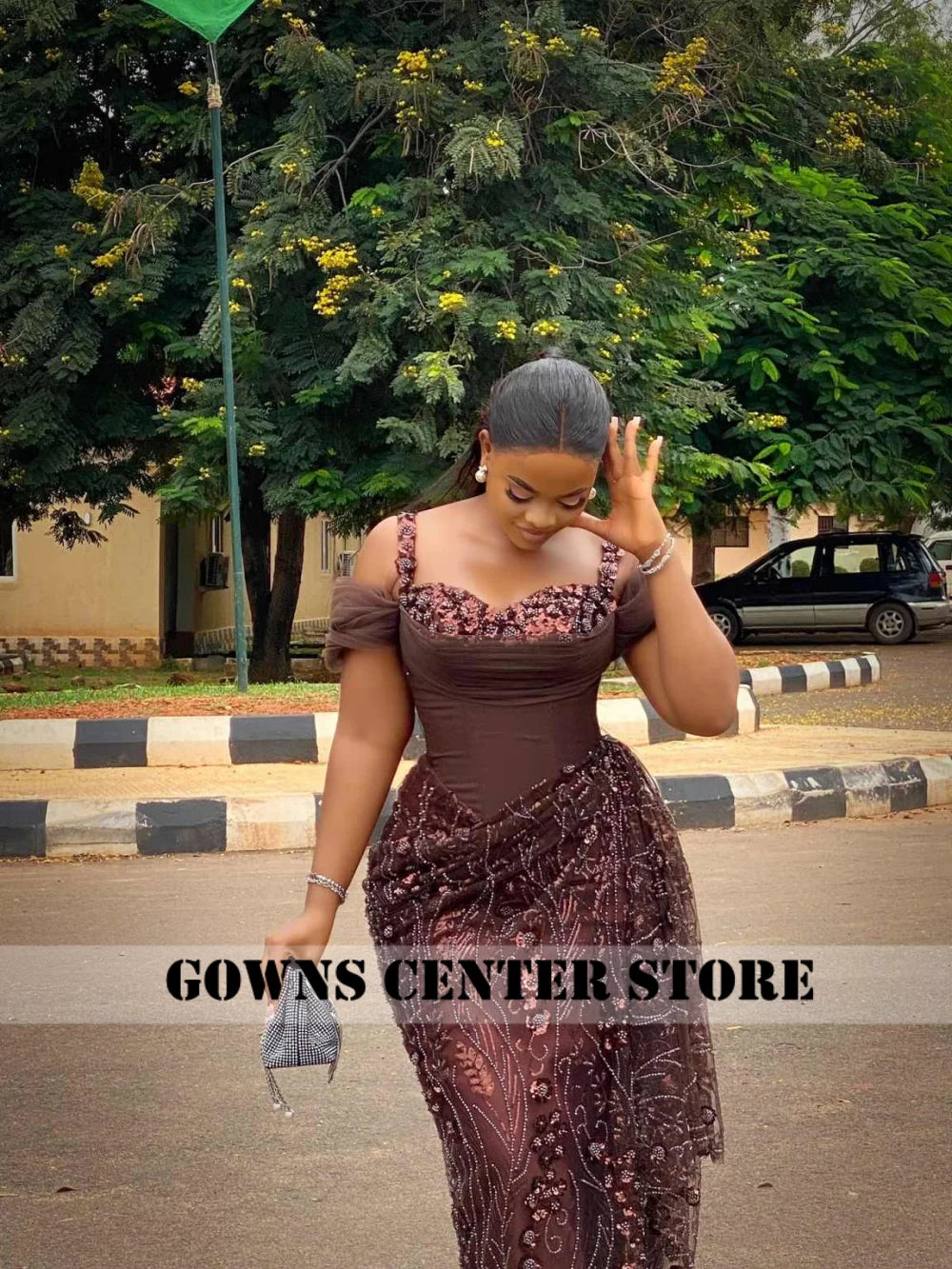 Fabulous Brown Lace Evening Dresses African Traditional Wedding Bride Dress Luxury Beads Lace Birthday Dress Asoebi Costomized