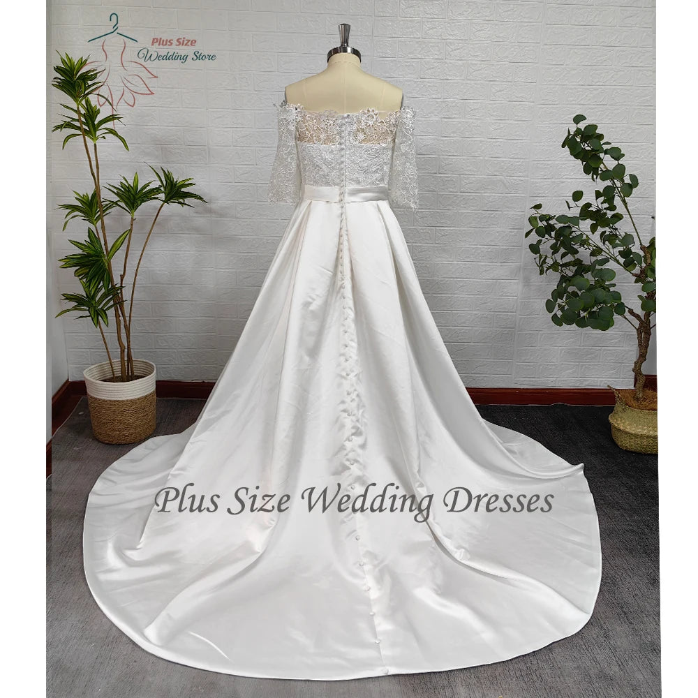 Boat Neck Half Sleeve Satin A-Line Wedding Dress