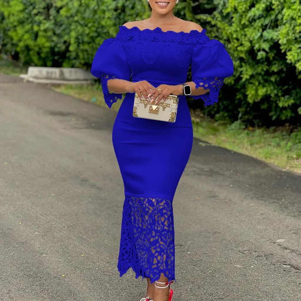 Off-Shoulder Lantern Sleeve Lace Sheath Dress