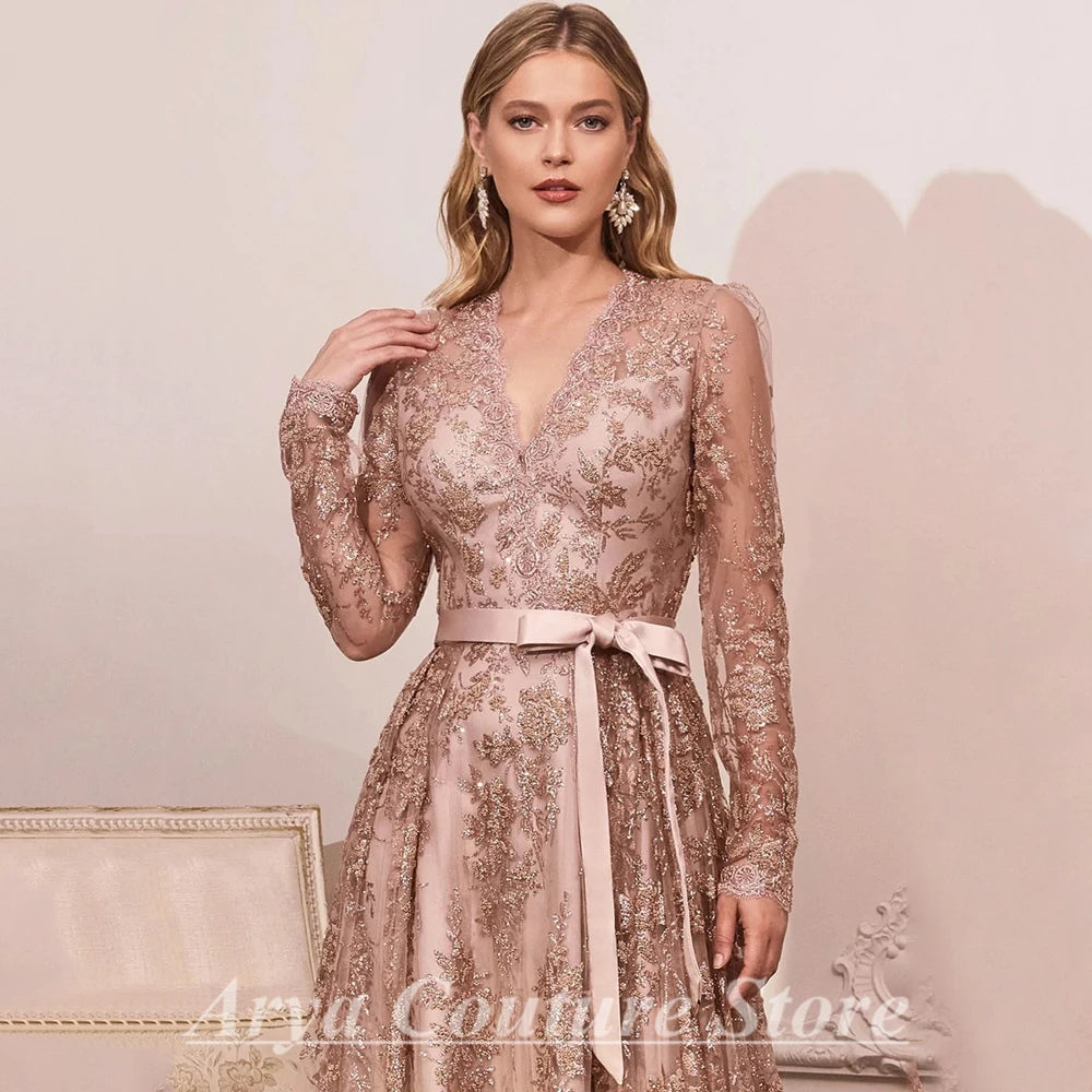 Elegant Rose Gold Mother of the Bride Dresses Bow Belt V-Neck Illusion Long Sleeve A-Line and Floor Length Banquet Mom Gowns