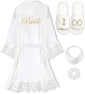 4 Pcs Bride Robe for Wedding Day Set Bridal Robe with Slippers Lace Trim Wedding Robe for Bridal Bachelorette Party
