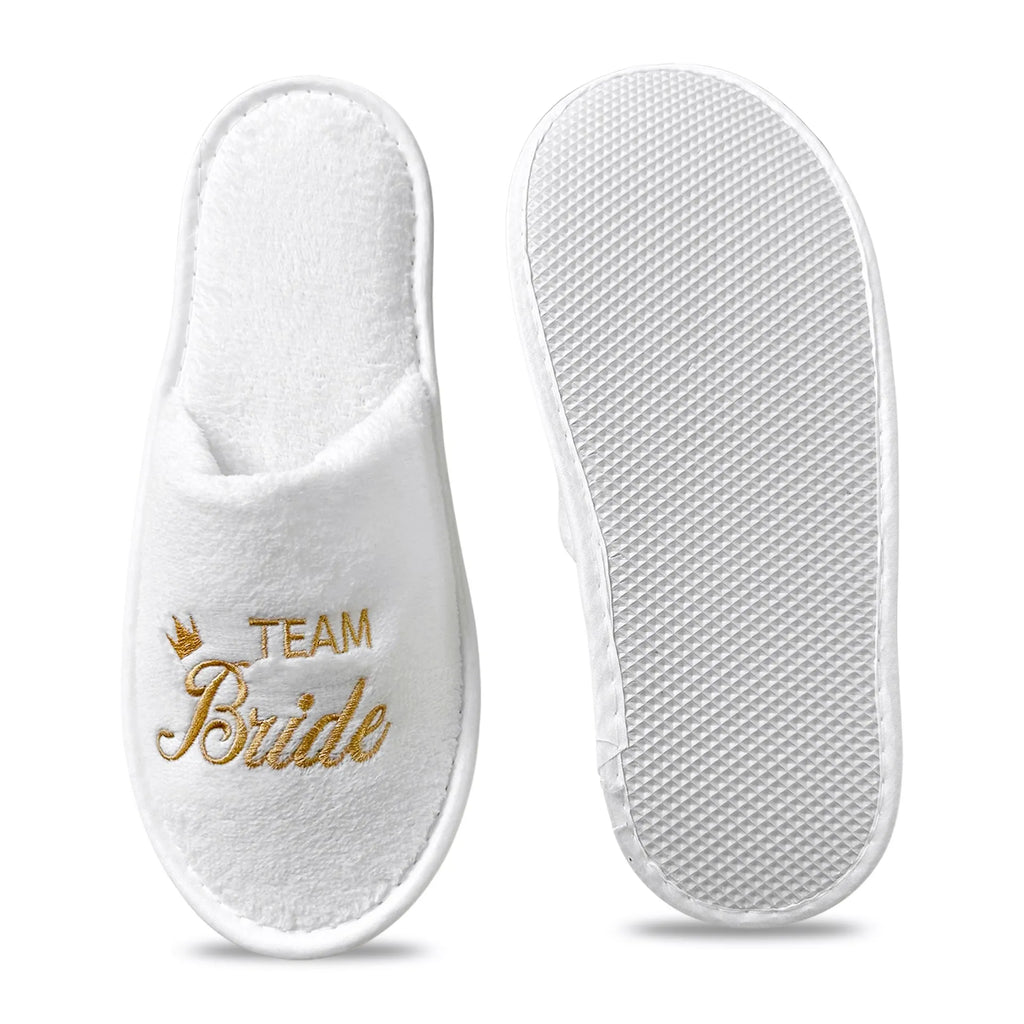 Bridal Party Slippers Set, Close-toe With Golden & Pink Embroidery, Lightweight Plush Cozy Flats, Non-slip Soft Sole For Bride