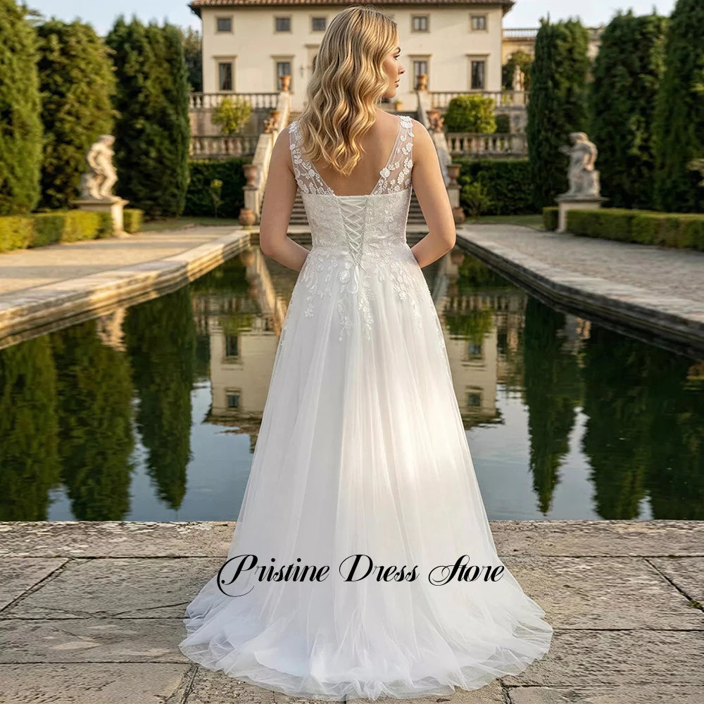 Modern A-Line Sleeveless Wedding Dress for Brides Customized Tulle Appliques V-Neck Lace Up Back Bridal Gowns Vestido De Novia