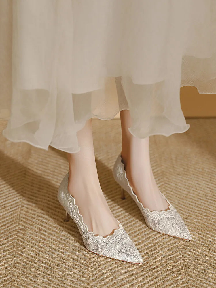Embroidered Bridal Shoes Wedding Shoes Retro French Sandals 6.5cm High Heels Single Shoes Thin Heels Banquet Pointed Pumps 34-39