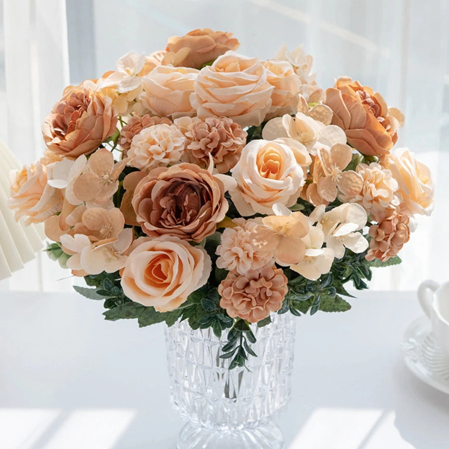 Artificial Flowers 7 Fork Silk Rose Peony Hydrangea Festival Wreath Decor Wedding Wreath Home Room Table DIY Craft Accessories