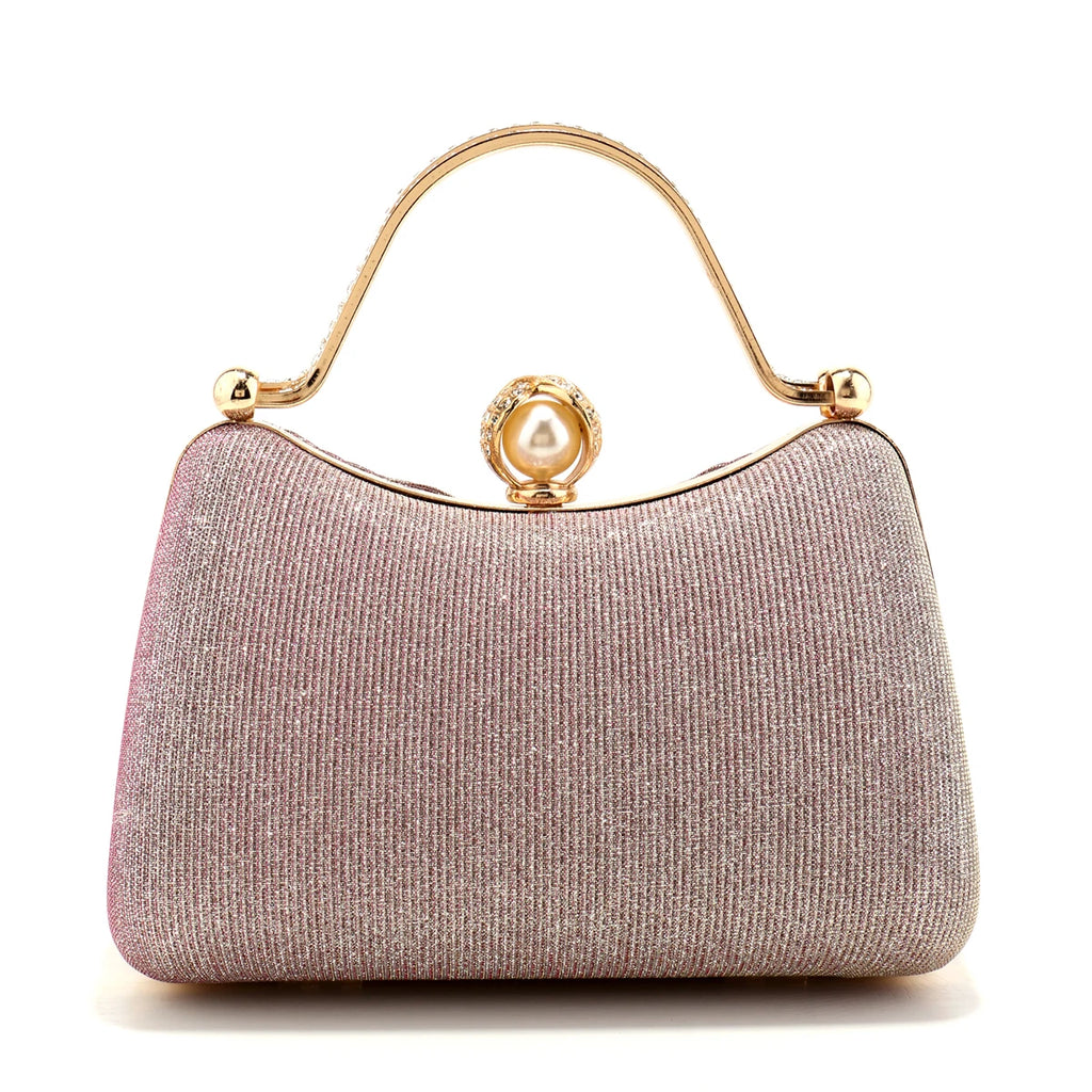 Bow Design Ruched Fashion Women Evening Bags Pink Color Sequined Glitter Metal Pearl Handbags Banquet Lady Wedding Bridal Purse