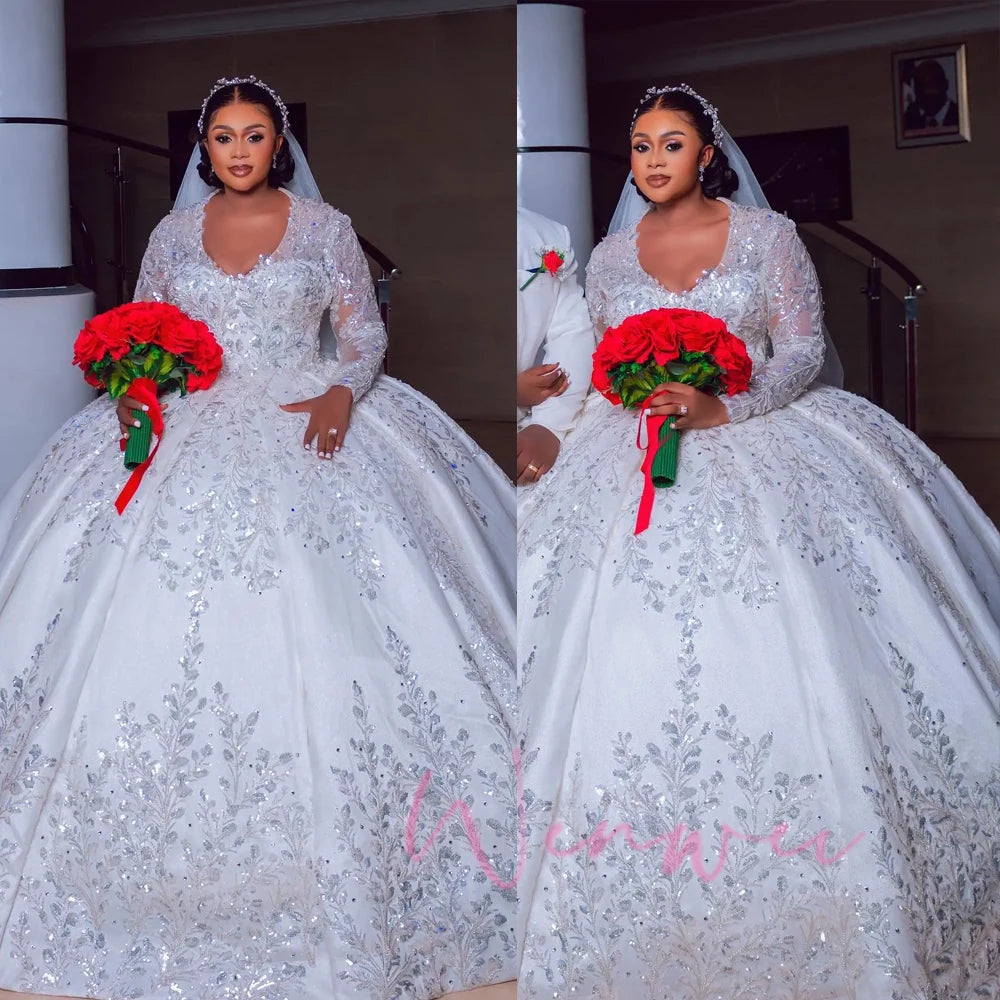 V-Neck Long-Sleeve Sequined Lace A-Line Wedding Dress
