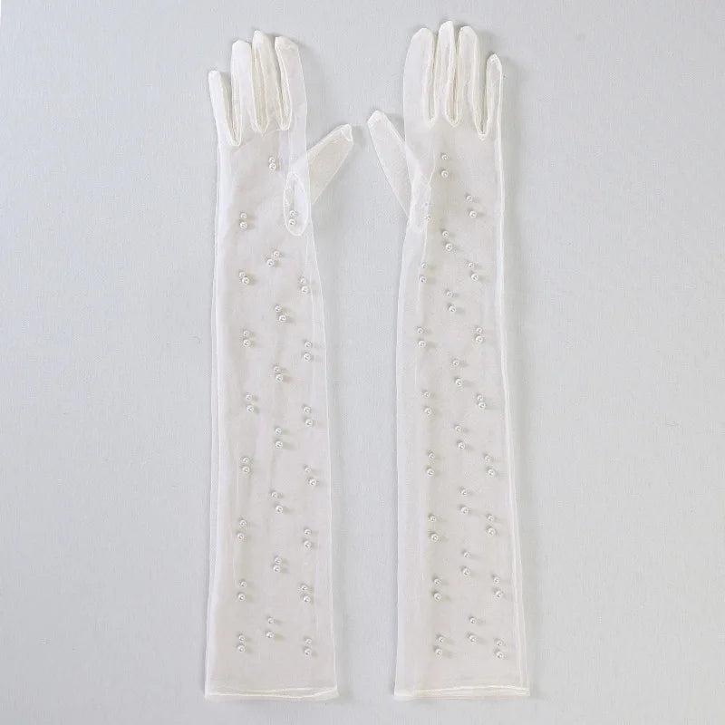 Elegant Pearl Beaded Long Elbow Bridal Gloves for Wedding Party Finger Tulle Gloves Marriage Accessories