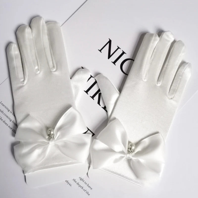 1 Pair Bride Gloves Elegant Bow Knot Pearl Pendant Short Gloves for Wedding Opera Dinner Party Elastic Satin Tea Party Gloves
