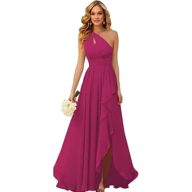 A Line Chiffon Bridesmaid Dresses One Shouder Slit Pleat Elegant Wedding Party Formal Prom Evening Lace Up Back