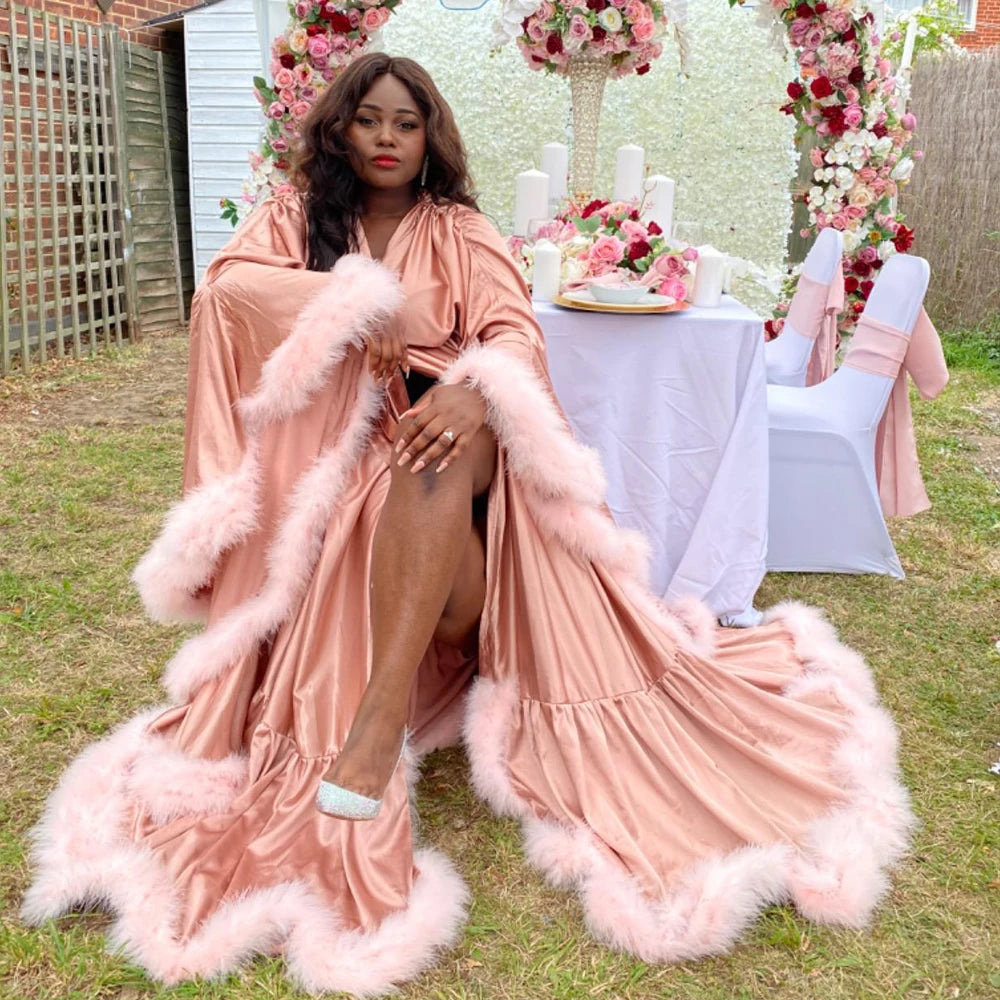Customized Robe for Women Flare Sleeves Feather Bridal Robe Nightgown Silk Satin Wedding Party Dressing Gown Photography Dress