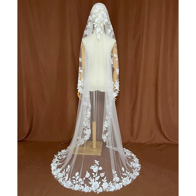 Full Lace Edge Mantilla Wedding Bridal Veils Cathedral Long Embroidered Ivory Tulle Floral Flowers Leaves Outdoor Church Brides