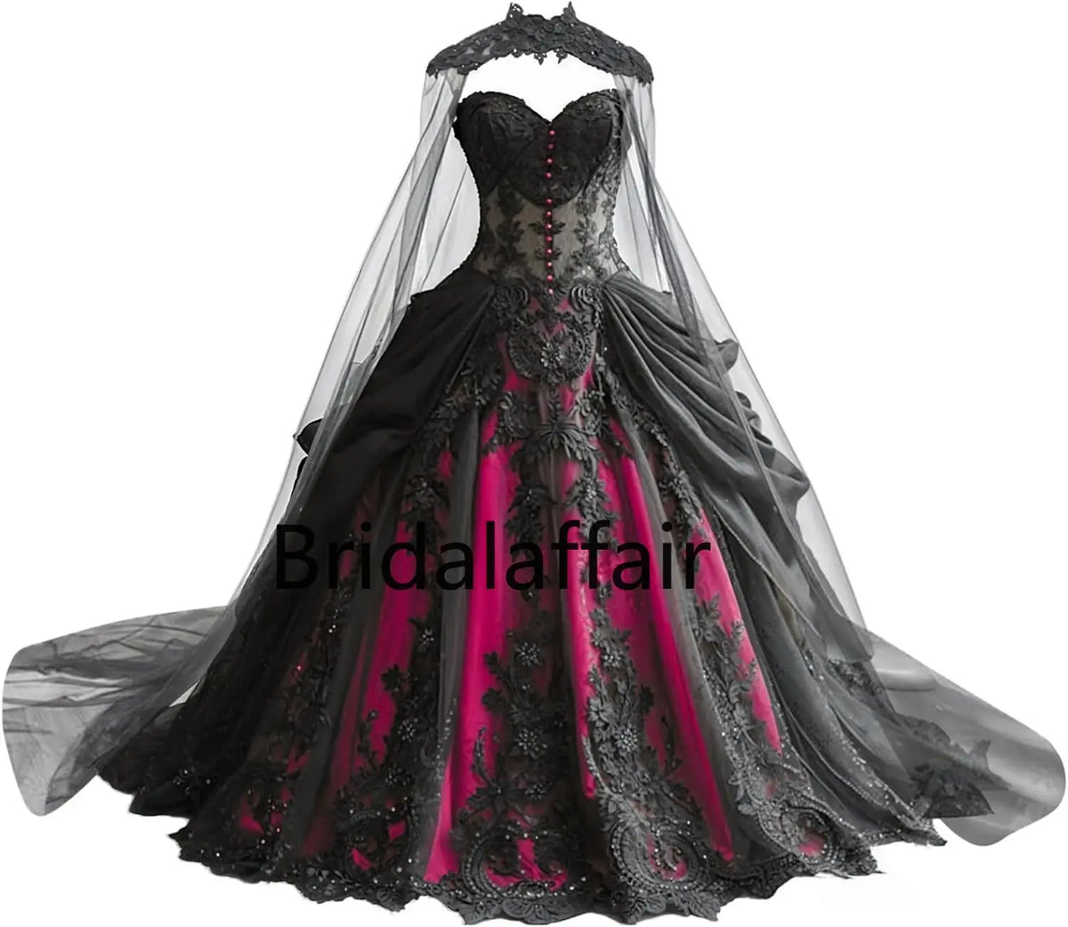 Gothic Weeding Dresses for Brides Black Lace Applique Bridal Dresses Embroidery Tiered Tulle Wedding Gowns with Cape
