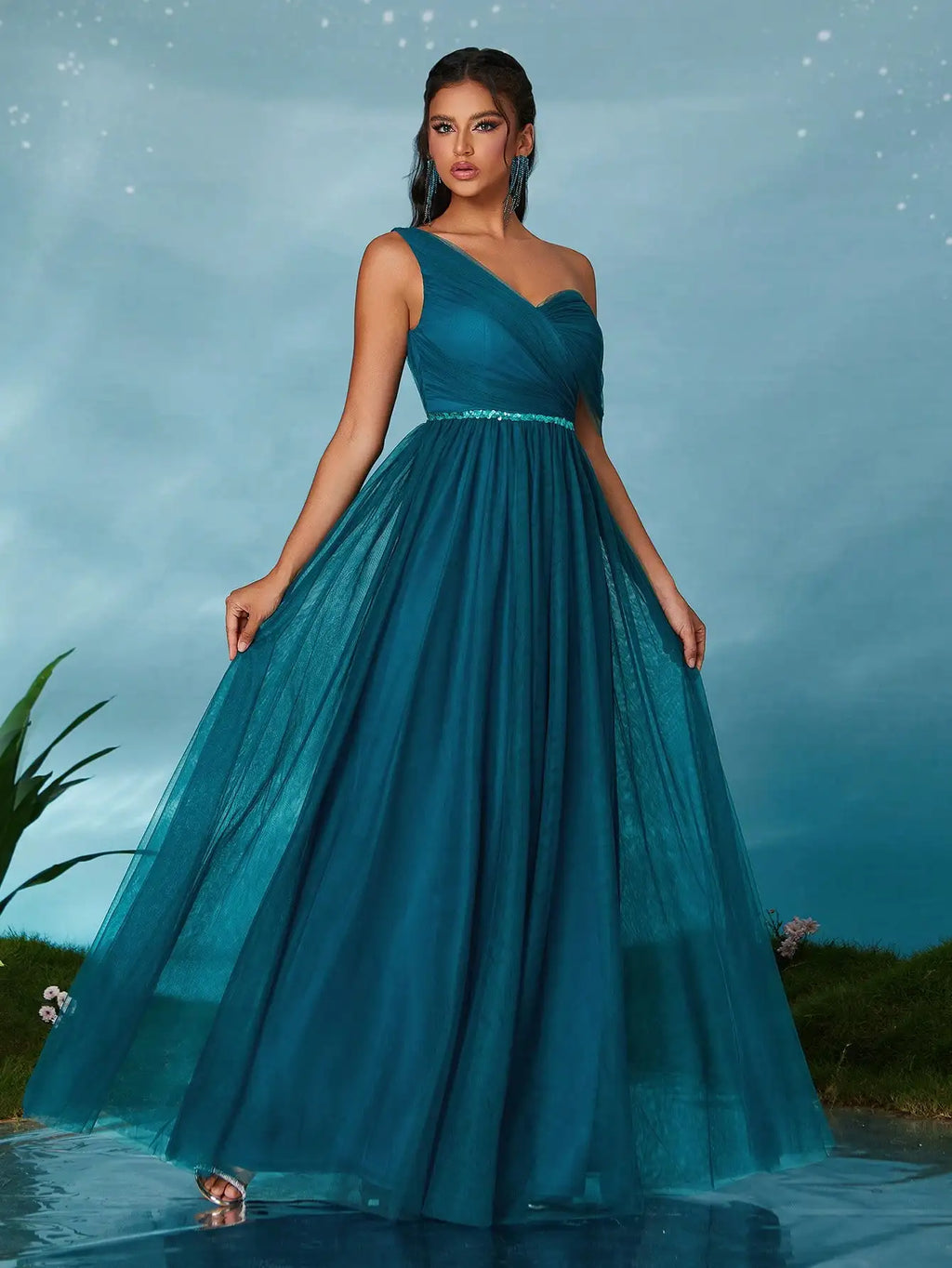 Royal Blue One Shoulder Sequin Sash Bridesmaid Dress