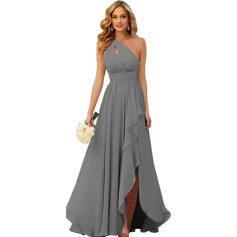 A Line Chiffon Bridesmaid Dresses One Shouder Slit Pleat Elegant Wedding Party Formal Prom Evening Lace Up Back