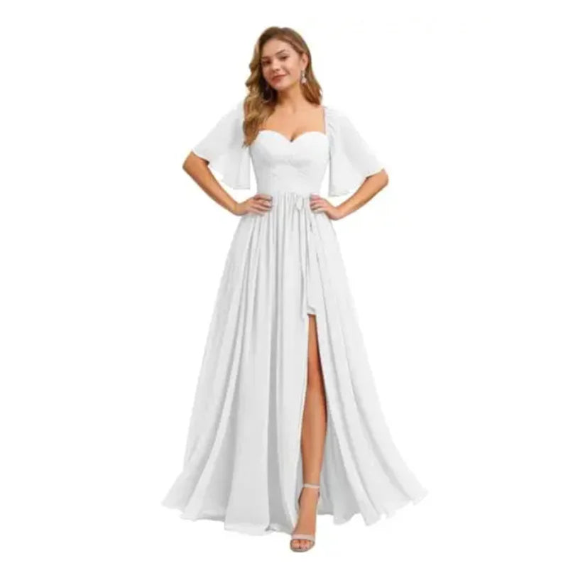 A Line Short Sleeve Chiffon Bridesmaid Dresses One Shouder Slit Pleat Elegant Wedding Party Formal Prom Evening Lace Up Back