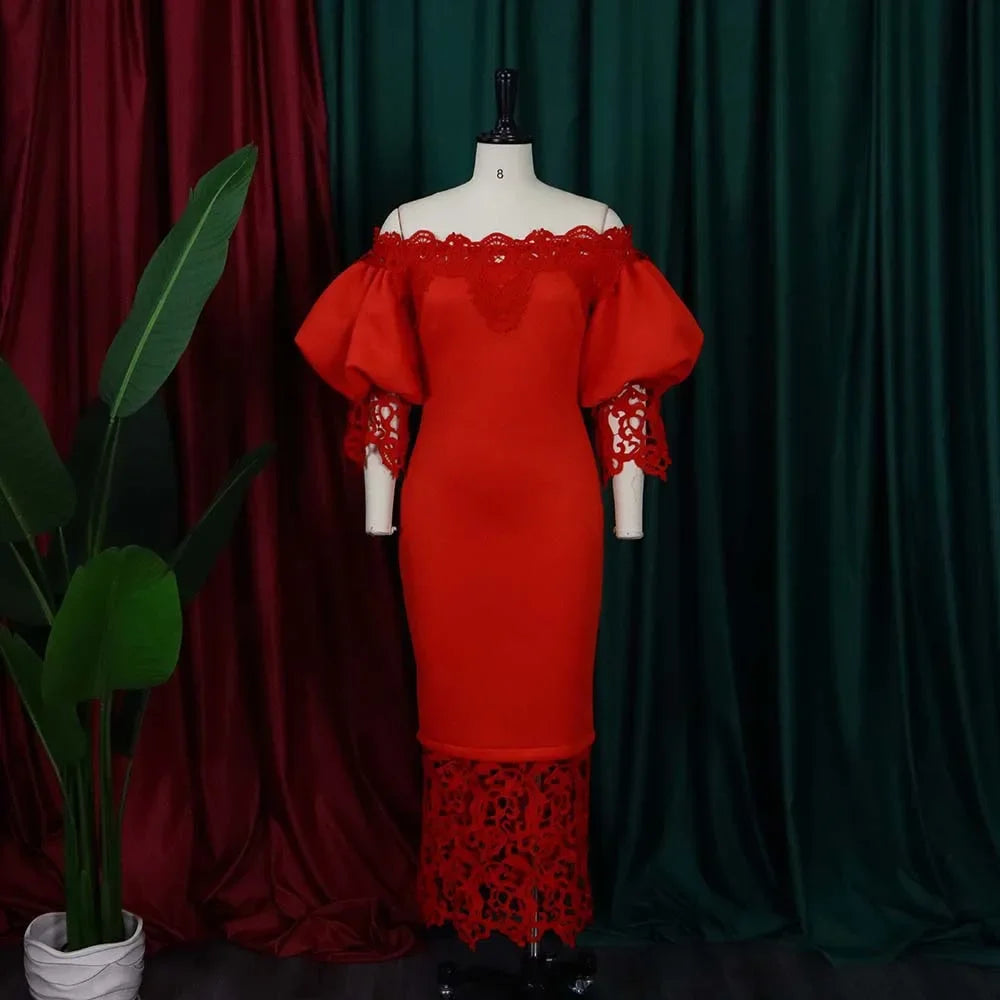 Off-Shoulder Lantern Sleeve Lace Sheath Dress