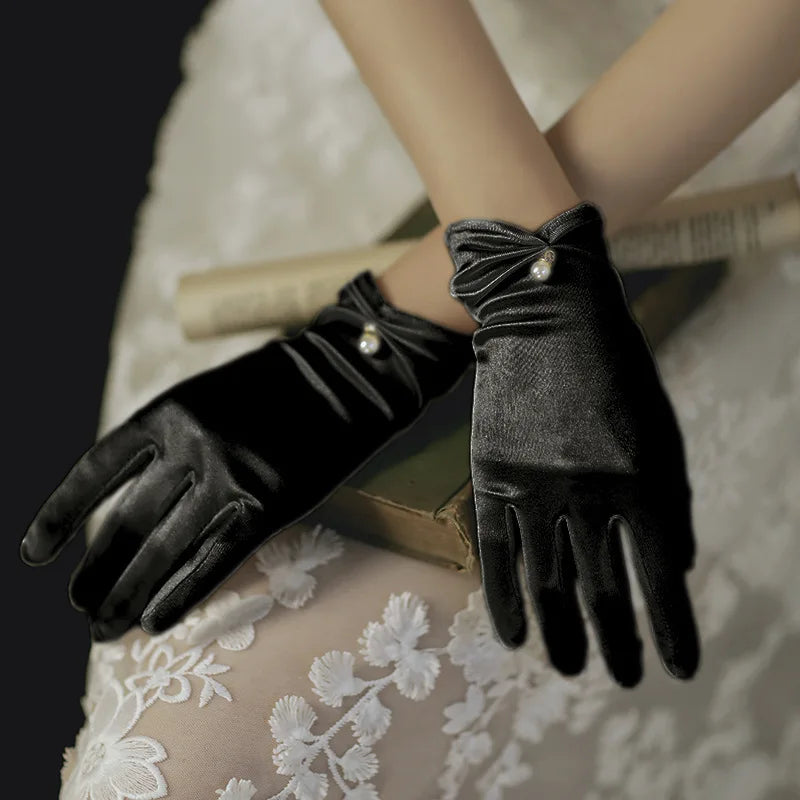 Short Satin Bridal Gloves with Pearls and Bows