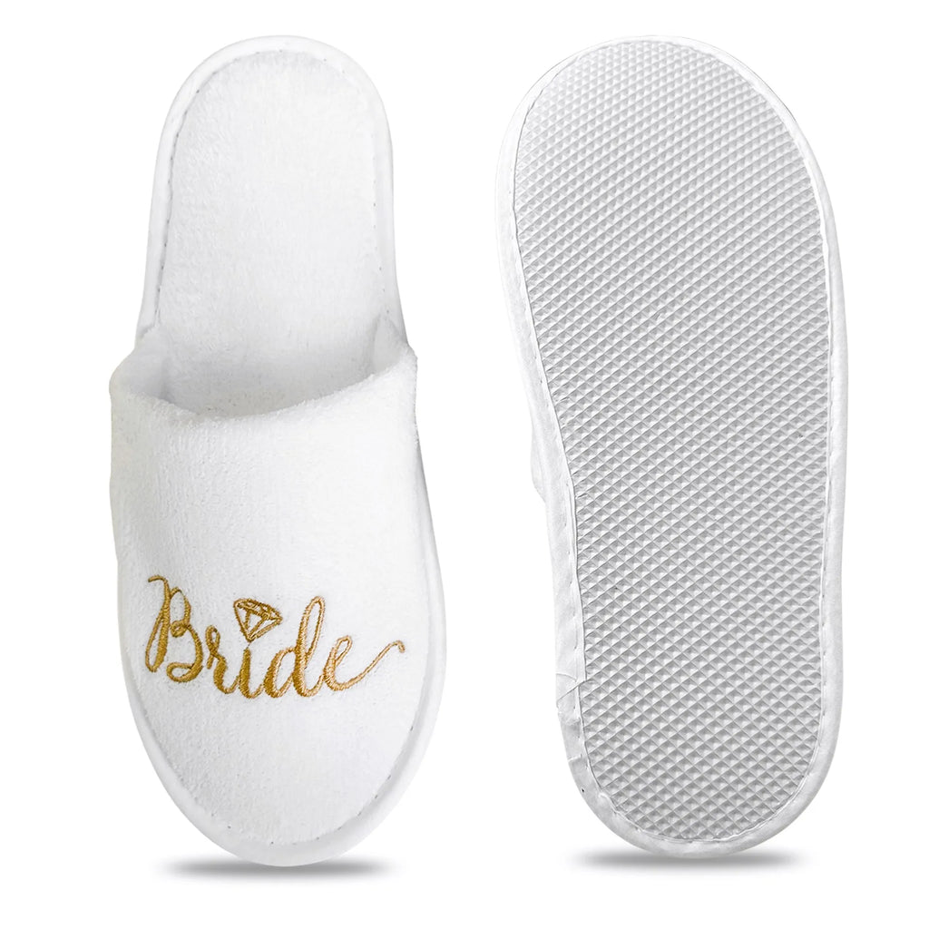 Bridal Party Slippers Set, Close-toe With Golden & Pink Embroidery, Lightweight Plush Cozy Flats, Non-slip Soft Sole For Bride