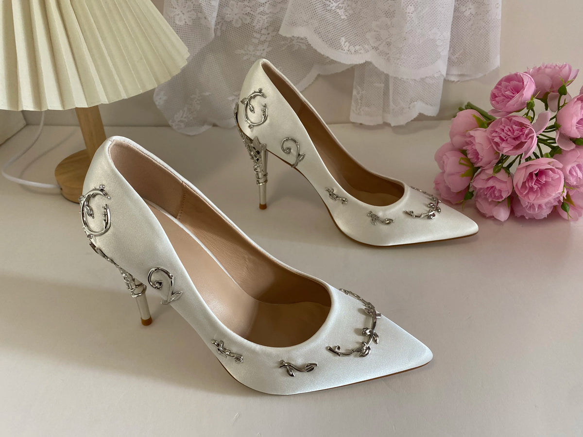 Luxury Leaves Metal Heel Pumps Women Shoes Pointed Toe Blue White Pink Black Silk Stiletto High Heels Wedding Bride Shoes 10cm