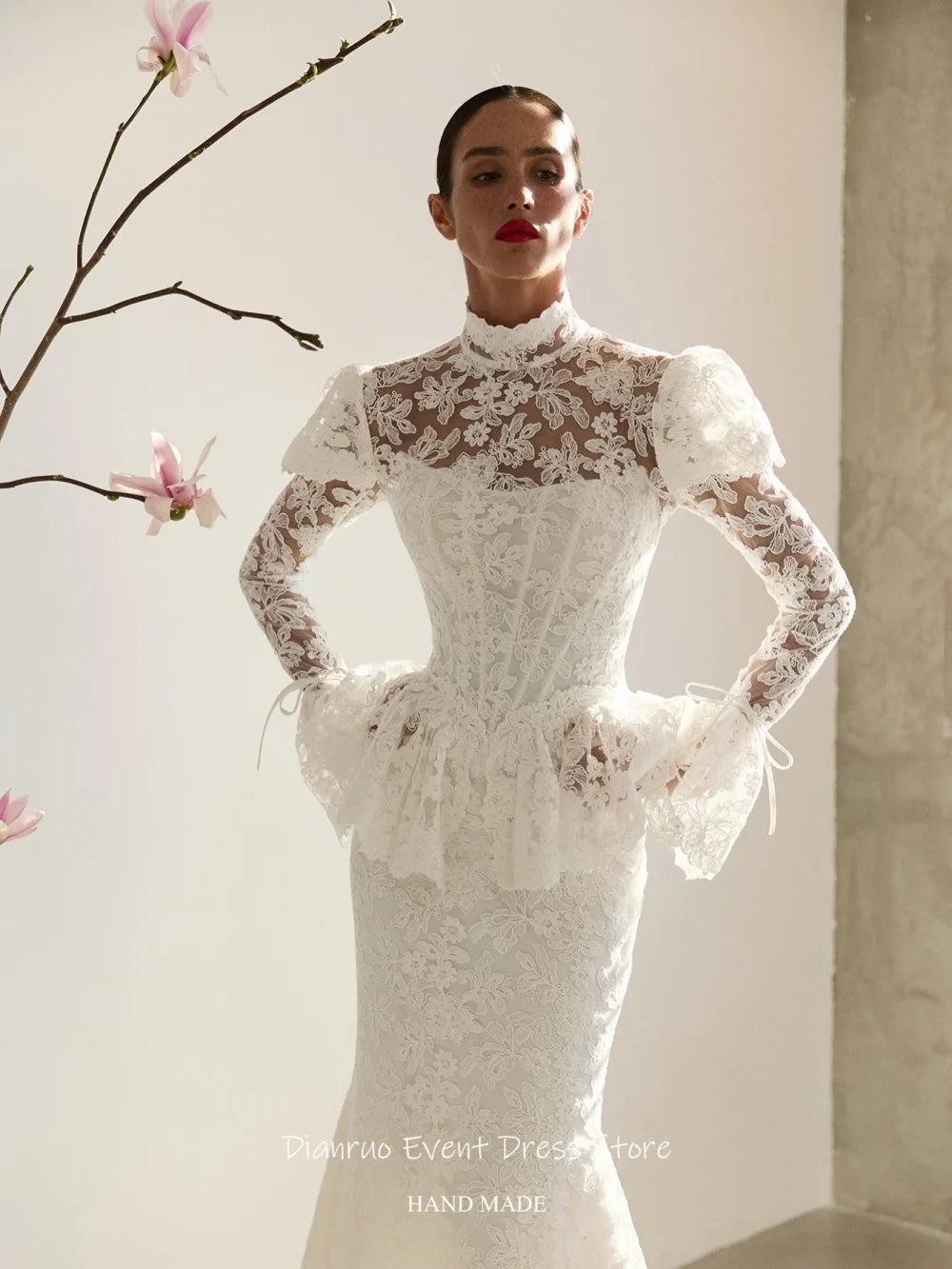Dianruo Modest High Neck Wedding Dress Long Puff Sleeves Mermaid Vestido Novia Civil Appliques Vintage Robe De Mariée Customized